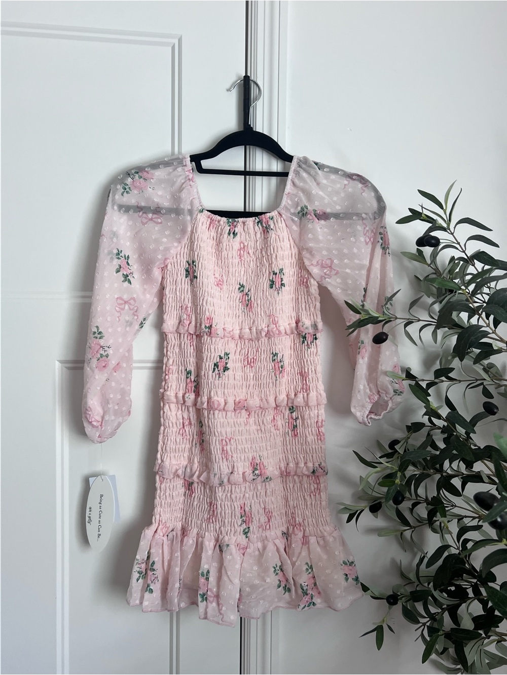 Sheer Puff Sleeve Pink Floral Smocked Dress